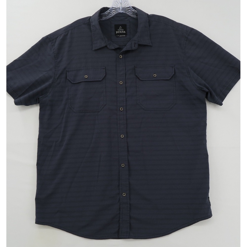 Prana Mens XL Short Sleeve Button Down Shirt Charcoal Grey Grid Recycled Blend